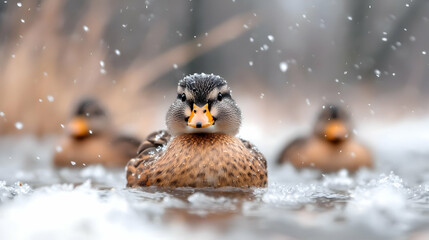 Ducks swimming in snowy winter water