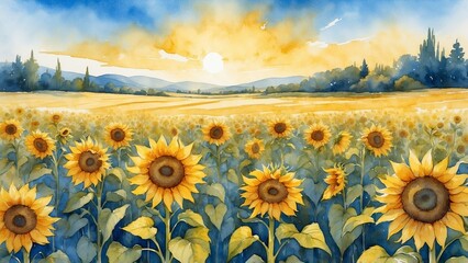 Watercolor sunflowers on a yellow field: golden hues glow against a blue sky, creating a summer atmosphere with transparent transitions and fluid strokes