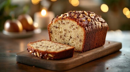 Delicious homemade banana bread loaf garnished with nuts, beautifully displayed on a rustic wooden board in a cozy kitchen setting