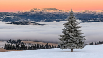 Frosty fir tree on snowy hilltop, sunrise over misty mountains, winter landscape, idyllic scene for postcard