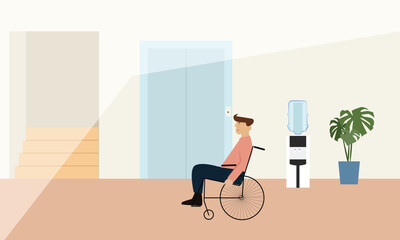 Print Inclusive office, work environment.  Worker in wheelchair at workplace. Integration concept. Flat vector illustration. 