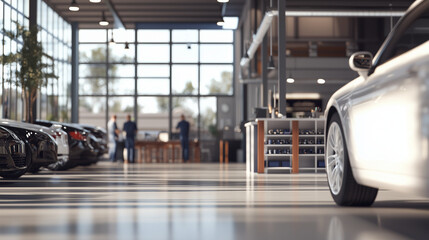 Obraz premium Auto Repair Shop with Mechanics and Customers in Lounge Area