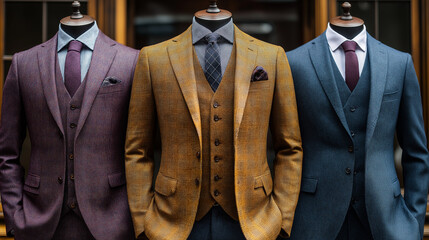 Three dapper mannequins don finely tailored suits in rich fabrics and colors, highlighting exquisite craftsmanship in a chic urban boutique at midday