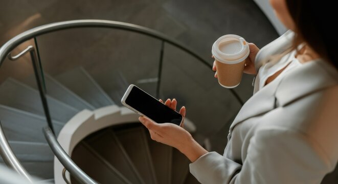 Businesswoman holding a smartphone and coffee cup while descending a spiral staircase - Powered by Adobe