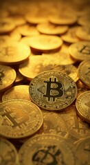 Close-up of shiny gold Bitcoin coins stacked together in a rich background