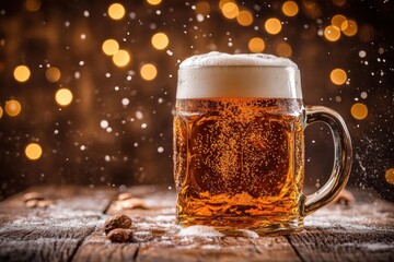 Frothy Beer Mug on Wooden Surface 