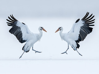 Obraz premium Two elegant white cranes mirroring each other wings outstretched in a dance above a snow-covered landscape.
