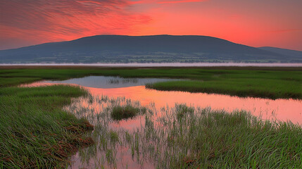 Obraz premium Sunrise reflecting on tranquil wetland marsh, mountain backdrop, early morning mist