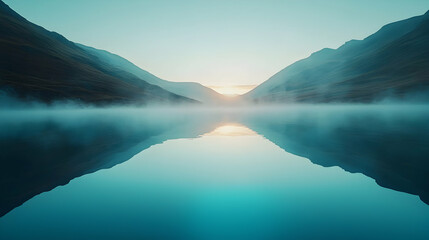 Serene sunrise over misty mountain lake reflecting tranquil landscape; ideal for travel, nature, and wellness
