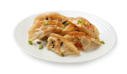 Tasty fried gyoza dumplings with green onion isolated on white