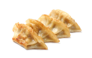 Tasty fried gyoza dumplings isolated on white