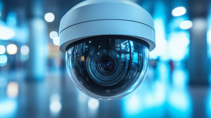 Amid a vibrant and busy indoor setting, a sleek security camera hangs from the ceiling, diligently monitoring the activities below, ensuring safety and security for all