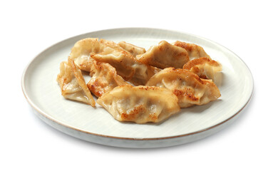 Tasty fried gyoza dumplings isolated on white