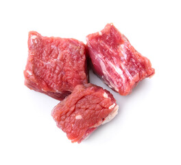 Pieces of raw beef meat isolated on white, top view