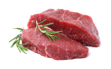 Pieces of raw beef meat with rosemary isolated on white