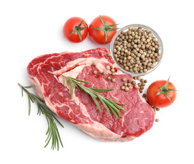 Piece of raw beef meat, tomatoes and spices isolated on white, top view