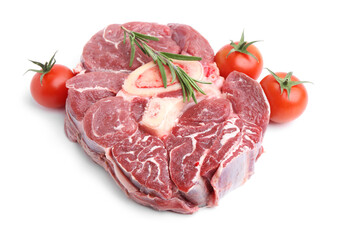 Piece of raw beef meat, rosemary and tomatoes isolated on white