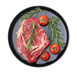Piece of raw beef meat, spices and tomatoes isolated on white, top view