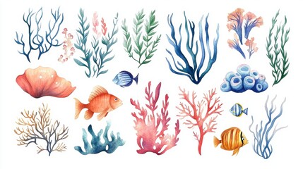 Watercolor Seaweed and Fish Collection, Colorful Illustration, Graphic Elements