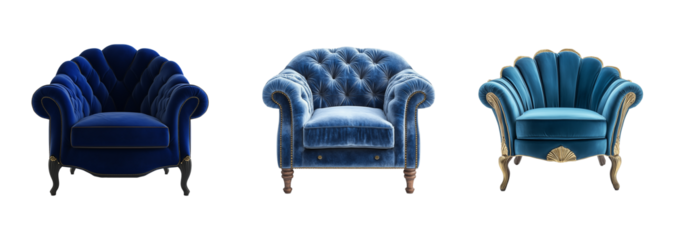 Luxurious Blue Velvet Armchair with Gold Accents set isolated on transparent or white background	
 