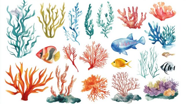 Watercolor illustrations of corals and fish. Possible use Children's book illustrations