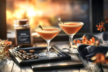Obraz premium Two orange cocktails with autumnal accents on a rustic wooden surface bathed in warm inviting light.