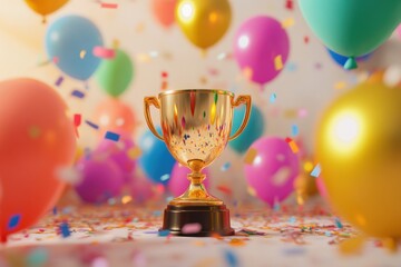 Golden Trophy Surrounded by Colorful Balloons and Confetti 