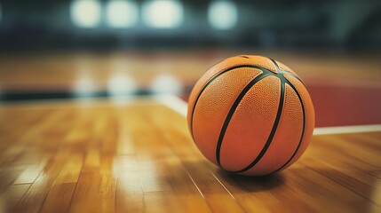 Basketball on wooden court with blurred background, indoor sports activity