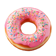 Delicious pink donut with colorful sprinkles isolated on transparent background