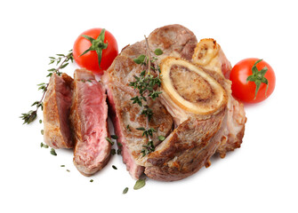 Pieces of delicious beef meat, thyme and tomatoes isolated on white