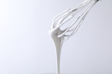 Whisk with whipped cream on white background, closeup. Space for text