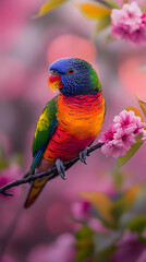 Naklejka premium Colorful parrot perched on a branch surrounded by blooming pink flowers in a vibrant garden during springtime