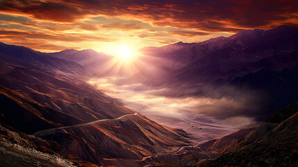 Majestic sunrise over mountain valley road, dramatic cloudscape, travel poster