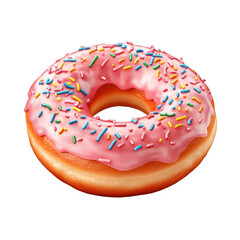 Delicious pink donut with colorful sprinkles isolated on transparent background