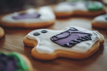 Halloween-themed cookies on a wooden table