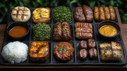 Outdoor grilled meats platter, various sauces, rice, garden backdrop, restaurant menu