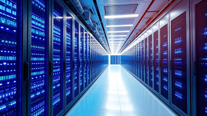 Fototapeta premium Futuristic Data Center Server Room with Blue LED Lights