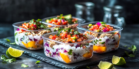 Colorful grain bowls with mango rice and salsa in clear containers garnished with lime and cilantro on a dark surface.