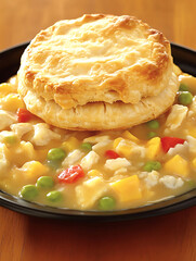 A savory stew of vegetables and white meat is topped with a golden biscuit on a dark plate.