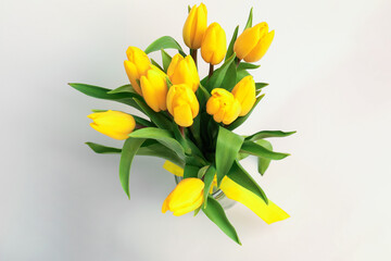 Bouquet of beautiful yellow tulips on white background, top view