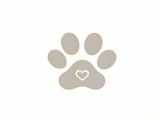 A light gray paw print with a white heart outline in the center, isolated on a white background, symbolizes love for animals in a minimalist style.