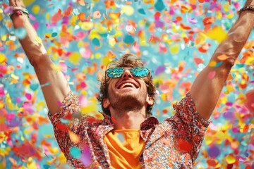 Joyful young man celebrating with arms raised amidst falling confetti, vibrant party atmosphere 