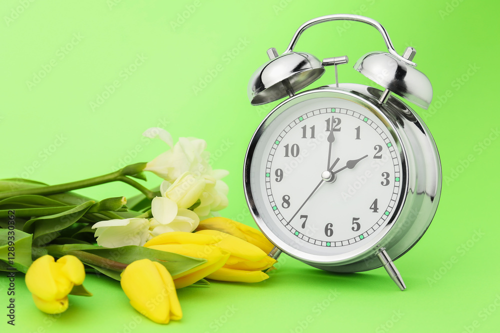 Poster spring time. alarm clock and beautiful flowers on green background