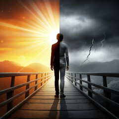 Man standing at the edge of two opposing weather conditions, one sunny and the other stormy