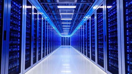 Futuristic Data Center Server Room with Blue LED Lights