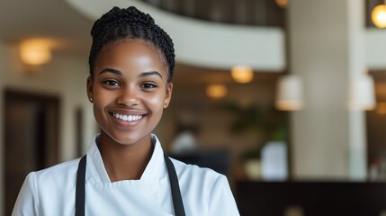 Smiling young African American female chef wearing a white uniform and black apron in a modern restaurant setting. Hospitality, culinary arts, and professional kitchen concept.
