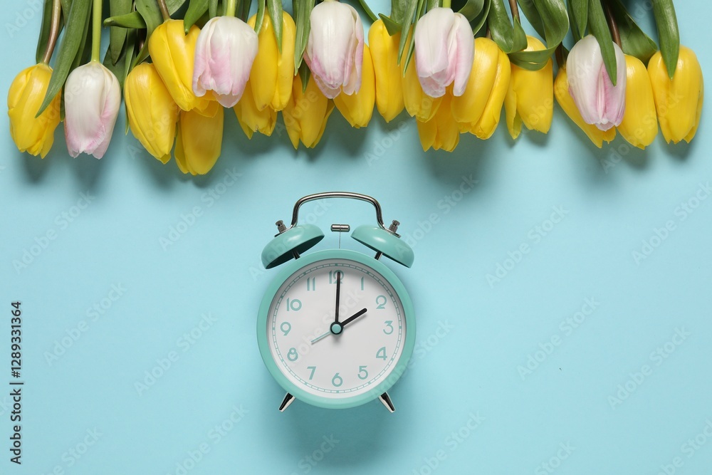 Poster spring time. alarm clock and beautiful tulips on light blue background, flat lay