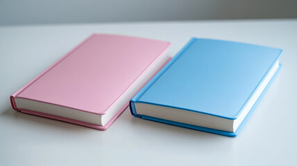Two closed pastel notebooks, pink and blue, on white surface.