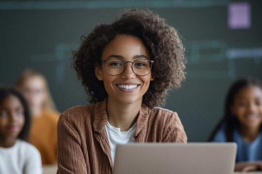 Smiling young African American female teacher with curly hair and glasses sitting in a classroom with students in the background. She wears a brown jacket and uses a laptop. Education and learning con