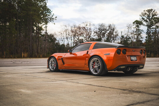 Chevrolet Corvette C6 ZO6 in atomic orange in Beaufort South Carolina, February 22, 2025